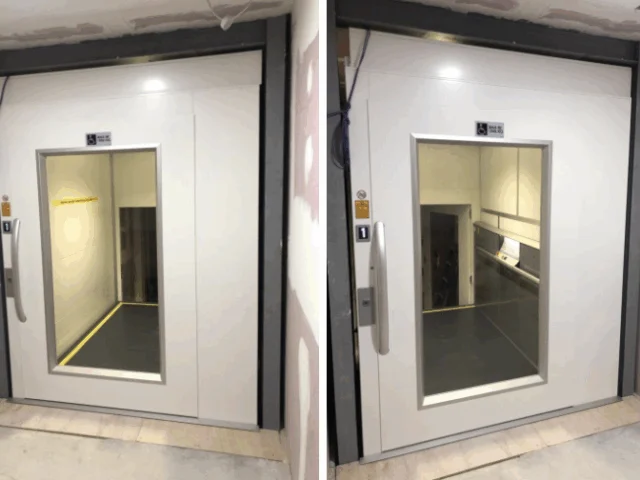 A small industrial elevator with white doors, large windows, and yellow safety lines inside, photographed from two different angles.