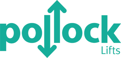 The logo shows the word "pollock" with two arrows, one pointing up and one down, integrated into the letter "l"; the word "Lifts" appears in the lower right corner.