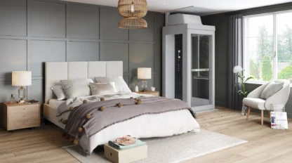 Modern bedroom with a double bed, side tables, a gray accent wall, wooden flooring, a private elevator, and large windows letting in natural light.