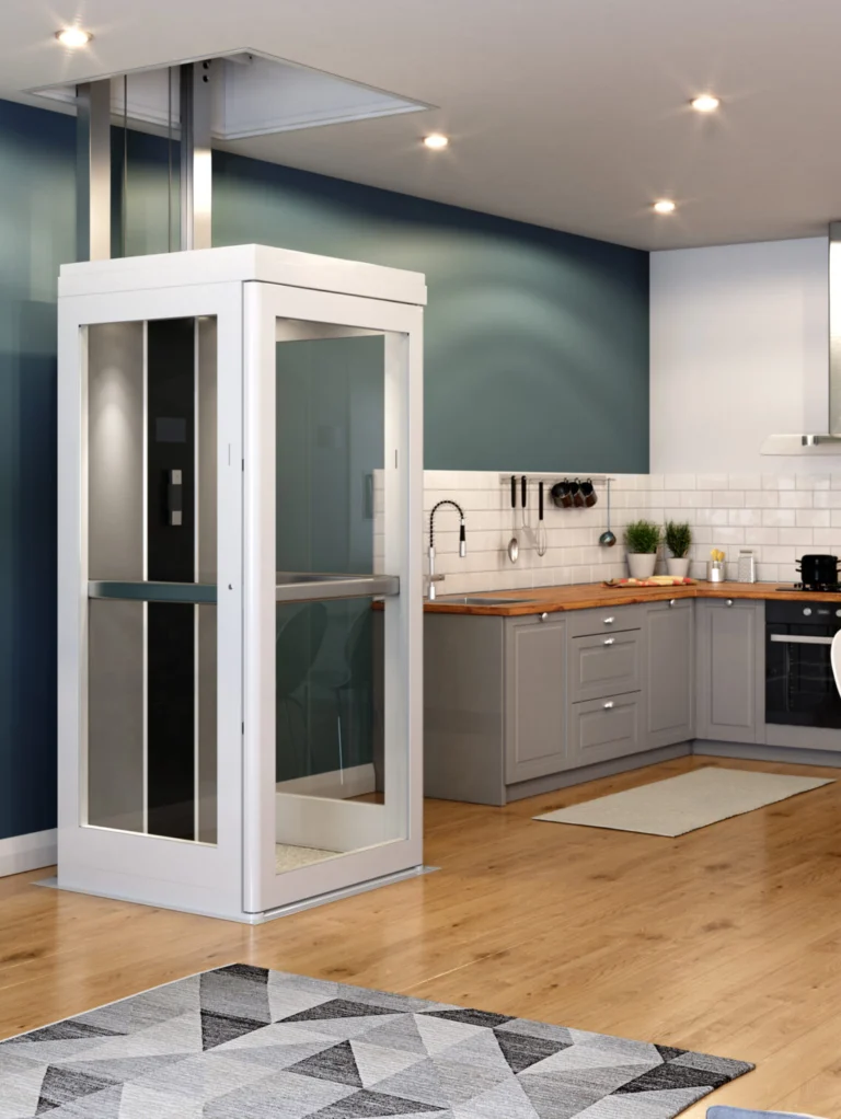 Modern kitchen and living area with wooden floors, featuring a home elevator, a tripod floor lamp, and contemporary furniture.