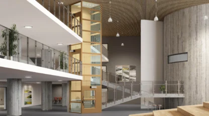 Modern interior with a glass elevator, wooden elements, tiered seating, and metal staircase, featuring glass railings, large windows, and potted plants.