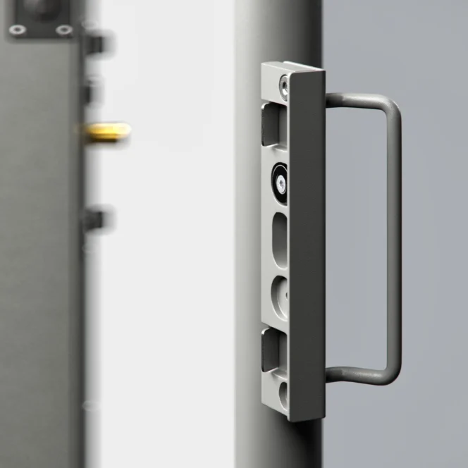 Close-up of a secure metal door handle and locking mechanism, partially open, with a blurred background and visible bolts on the door edge.