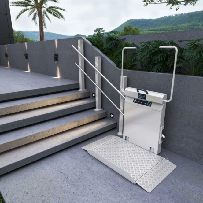 A platform wheelchair lift is installed next to outdoor steps, with metal railings and a ramp, providing accessible entry to the elevated pathway.
