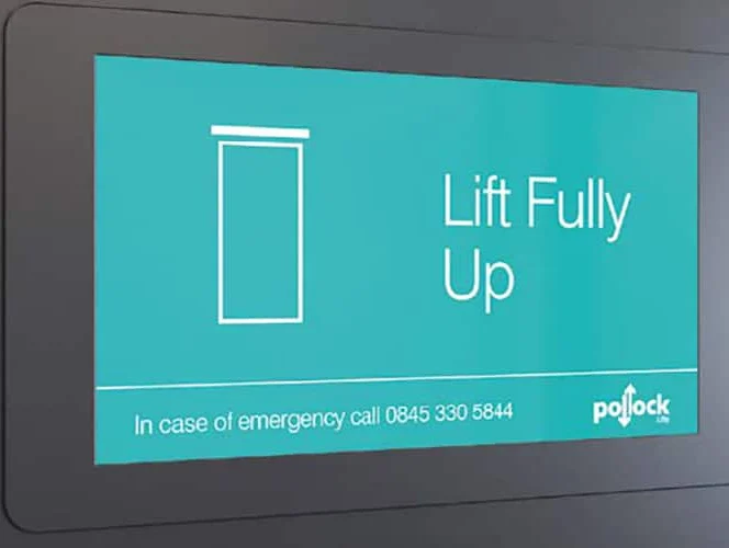 Digital display panel showing a message: "Lift Fully Up" with an emergency contact number at the bottom.