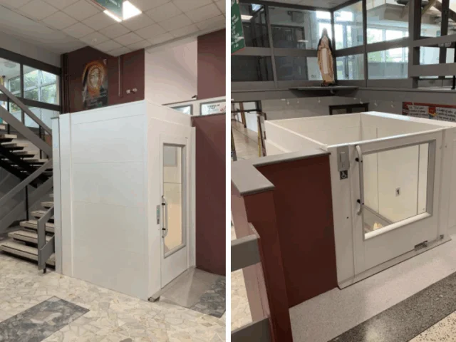 Two views of a small white elevator installed inside a building near stairs and railings, designed for accessibility.