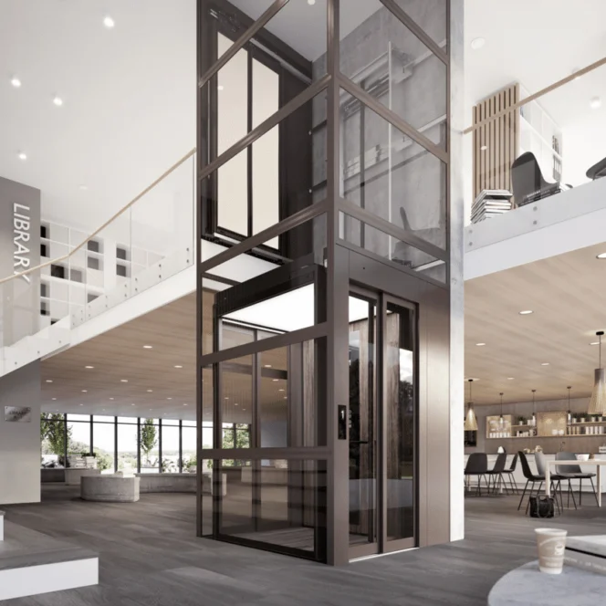 Modern open-plan interior with a glass elevator at the center, a staircase, and a mezzanine level labeled "Library." Dining and lounge areas are visible on the ground floor.