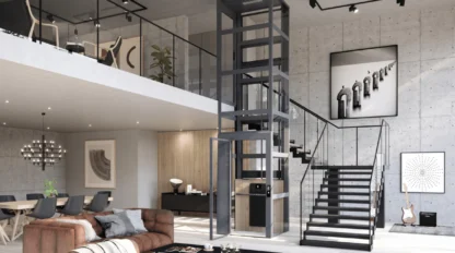 Modern loft-style living space with a glass elevator, open staircase, brown sectional sofa, and mezzanine level featuring office and lounge areas.